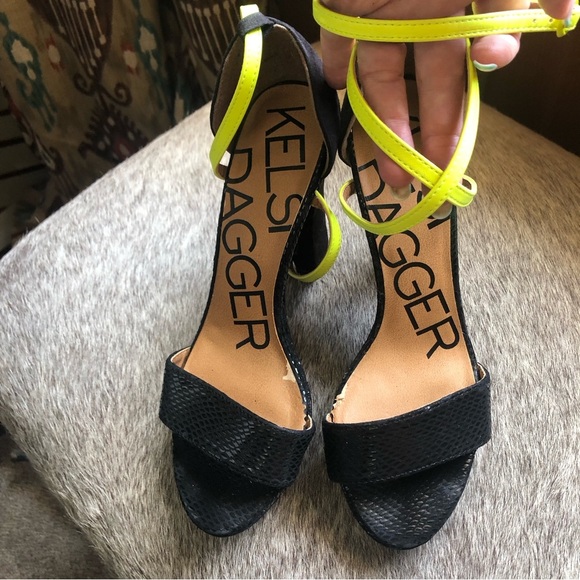 Kelsi Dagger Brooklyn Mackenna black snakeskin with neon ankle strap 7.5 - Picture 1 of 9